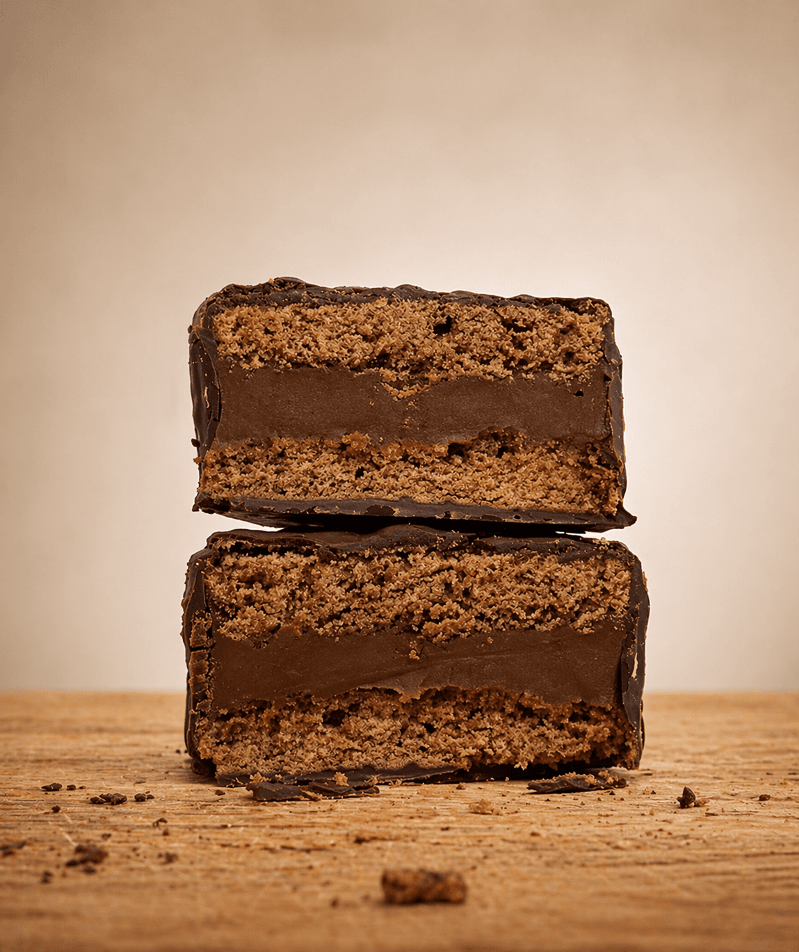 Alfajor Chocolate Intenso em corte transversal sobre tábua de madeira